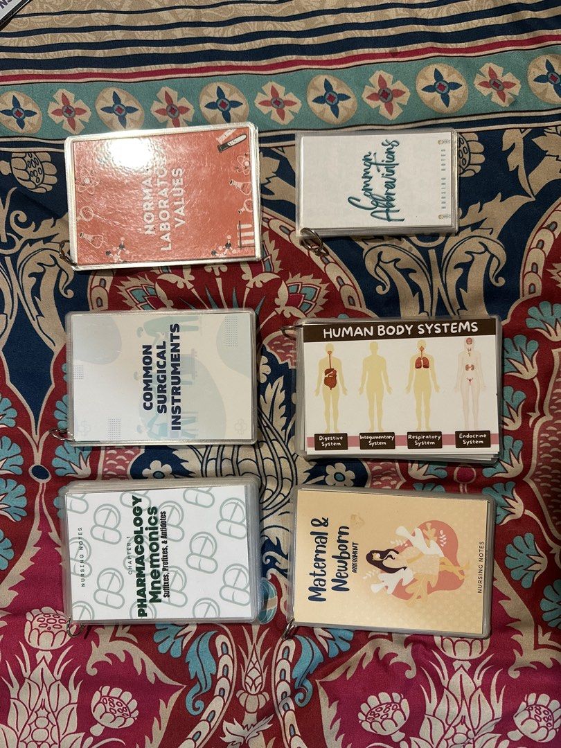 Nursing Flashcards (Category: Medical Supplies & Tools) located in La Trinidad. Submitted by booksfrommonday_ (Listing ID 1459205470, Image 1). Description: Sold as a set only. Includes: - Pharmacology - Common Surgical Instruments - Normal Laboratory Values - Maternal and Newborn Assessment - Anatomy - Common Abbreviations I’ll also add personal flashcards that I made but are not laminated about IV fluids, Surgery, and E-cart Medications. Please