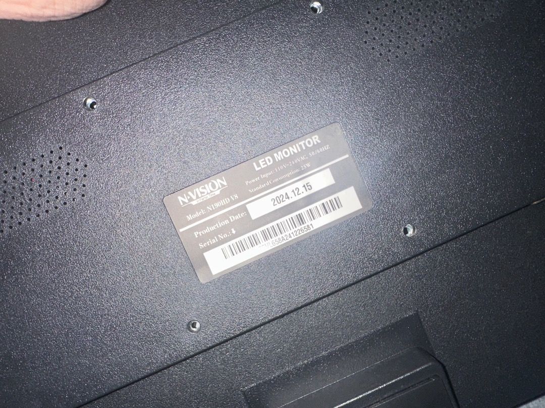 NVISION (Category: Monitor Screens) located in Caloocan City. Submitted by b3asty_0323 (Listing ID 1459284334, Image 3). Description: 🖥️ N-VISION N190HD V8 LED Monitor Brand: N-VISION Model: N190HD V8 Screen Size: 19 inches Display: LED Resolution: 1440 × 900 Panel: TN Refresh Rate: 60Hz Response Time: 5ms Ports: HDMI + VGA Power Input: 110–240V AC, 50/60Hz Power Consumption: 25W Production Date: December 15, 2024 Serial No.: N190VL658A241226581