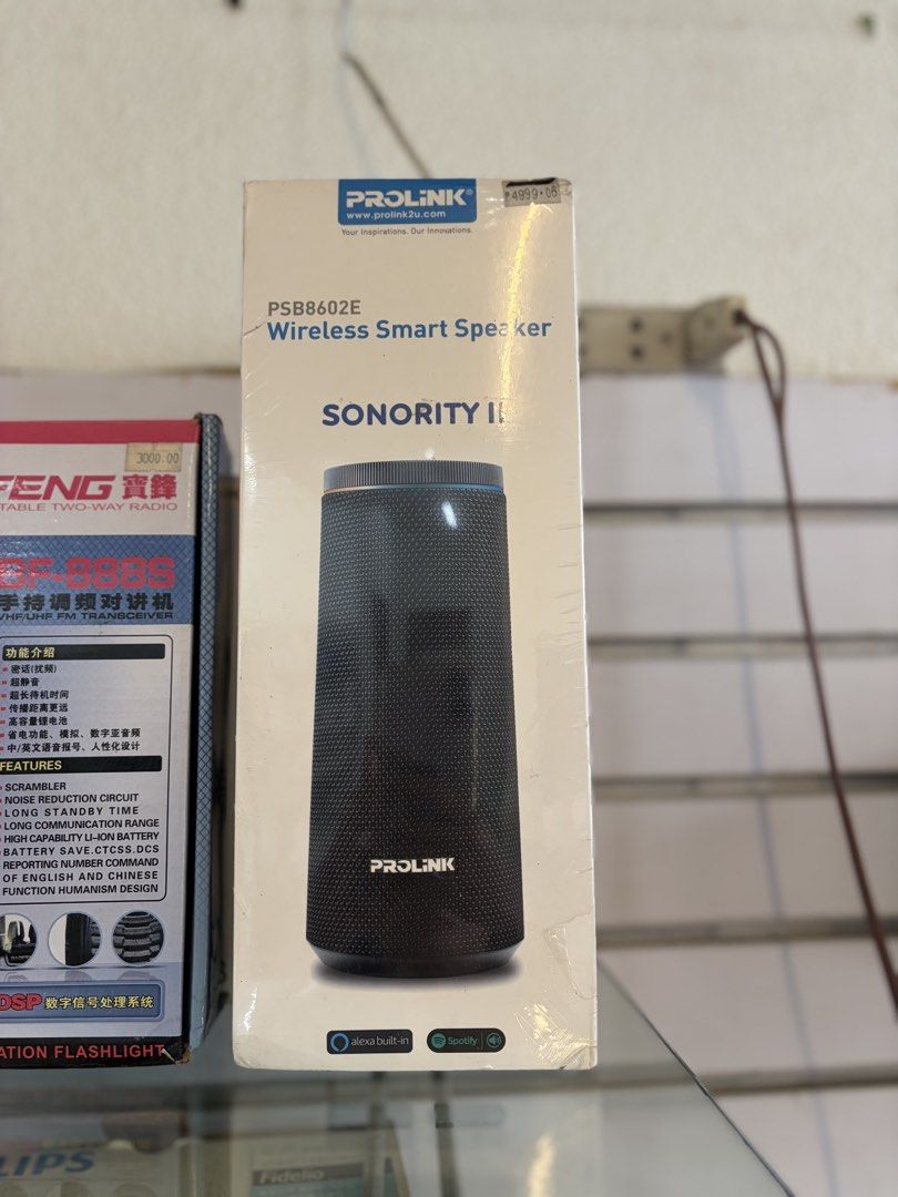 Prolink Sonority II (PSB8602E) Wireless Smart Speaker (Category: Soundbars, Speakers & Amplifiers) located in Batac City. Submitted by vanillabuttercream (Listing ID 1459098376, Image 1). Description: - Prolink Sonority II (PSB8602E) Wireless Smart Speaker - Sleek and modern design - Wireless connectivity - Features Alexa built-in - Spotify compatible - Enhances your audio experience.