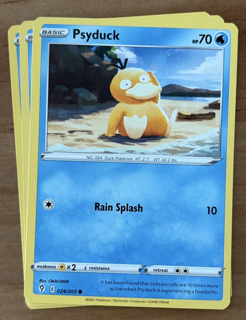 Psyduck | Pokemon Cards ~ Evolving Skies (Category: Raw Singles) located in Makati City. Submitted by cardlab (Listing ID 1459182129, Image 1). Description: Items are 💯 authentic/original/legit. About The Card: •Language: EN • Number: 024/203 • Common • Normal FOR: • Cards ₱99 and below with Card Sleeves • Cards ₱100 and up with Card Sleeves and Used Toploader • ₱10 for Bnew Tops Packaging (If Shipping): ✔️ Plastic cover ✔️ Cardboard ✔️ Bubble w