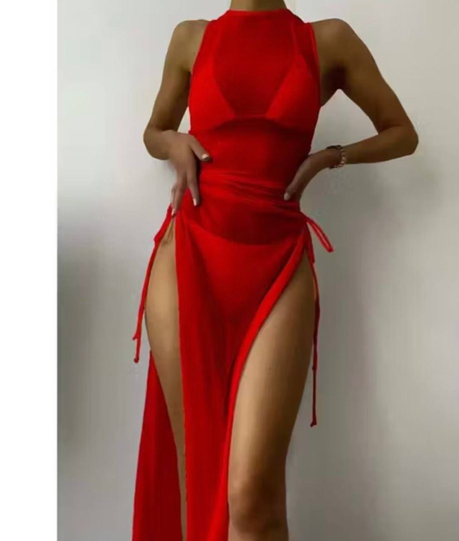 Red 3-Piece Swimsuit Cover-up Set (Category: Bikinis & Swimsuits) located in Manila. Submitted by chai.inc (Listing ID 1459189859, Image 1). Description: - Red bikini set - Matching sheer maxi dress - High slits on both sides of the dress - Adjustable drawstring ties on the dress - Lightweight and flowy material - Ideal for beach days, pool parties, or layering over swimwear.