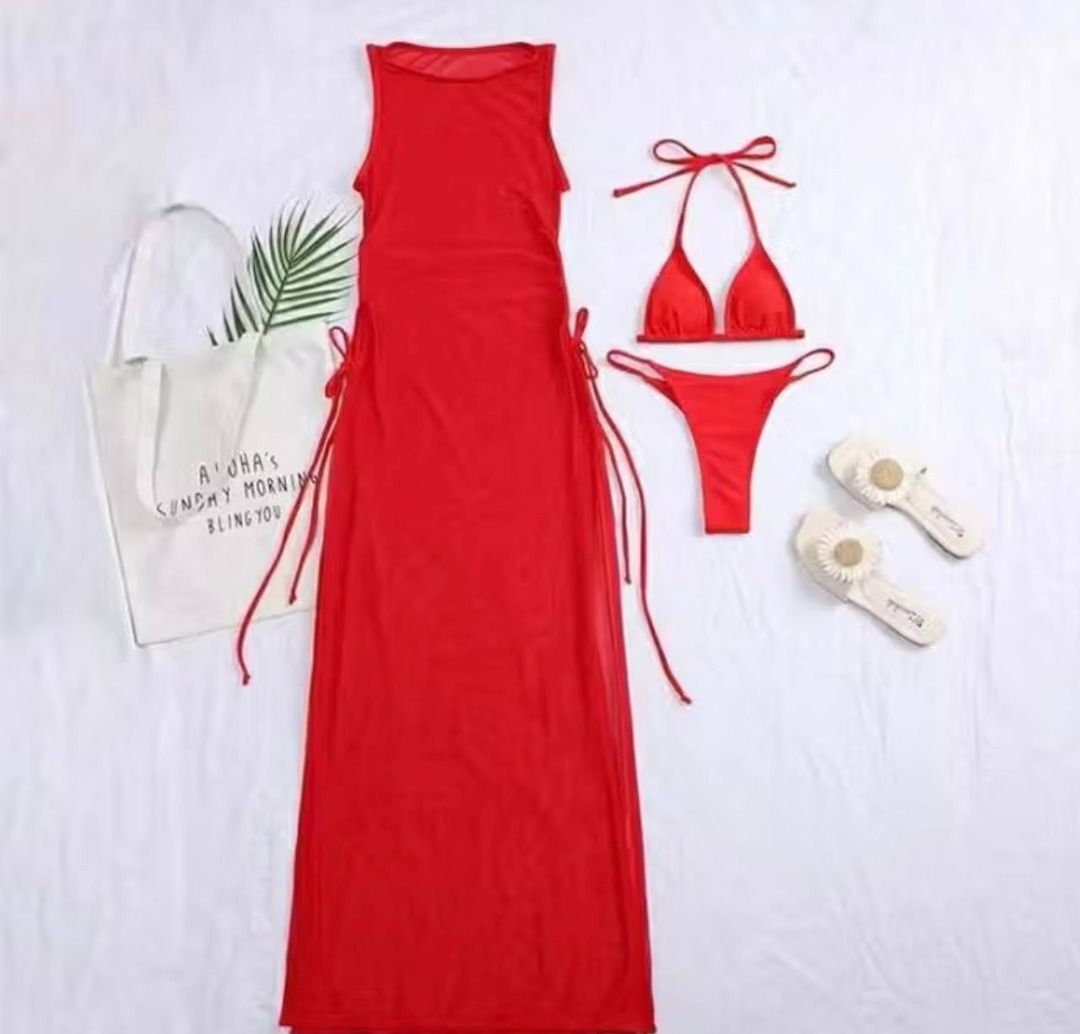 Red 3-Piece Swimsuit Cover-up Set (Category: Bikinis & Swimsuits) located in Manila. Submitted by chai.inc (Listing ID 1459189859, Image 2). Description: - Red bikini set - Matching sheer maxi dress - High slits on both sides of the dress - Adjustable drawstring ties on the dress - Lightweight and flowy material - Ideal for beach days, pool parties, or layering over swimwear.