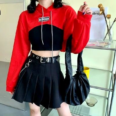 Red and Black Cropped Hoodie with "BURGER" Patch (Category: Coats, Jackets and Outerwear) located in Manila. Submitted by elililyxx (Listing ID 1459191461, Image 1). Description: Once used only (see when worn) for L to XL body frame only pwede din naman S-M but a bit baggy.
