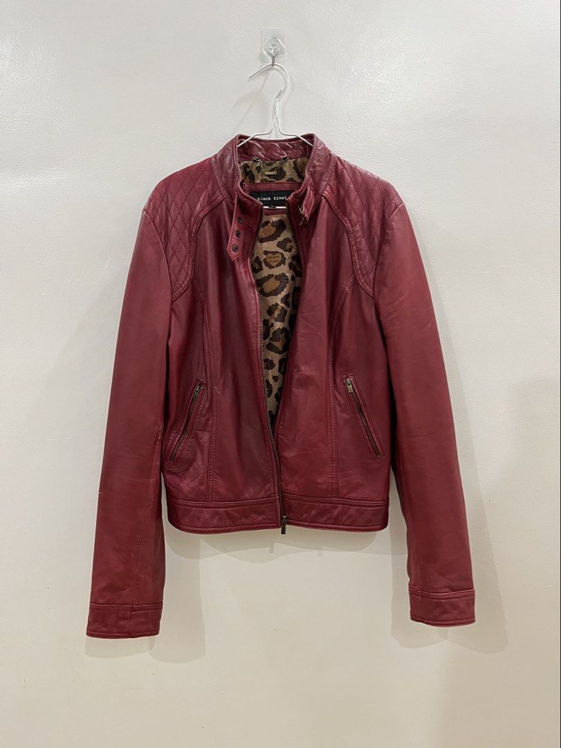 RED LEATHER JACKET (Category: Coats, Jackets and Outerwear) located in Angeles City. Submitted by thriftsij (Listing ID 1459251275, Image 1). Description: - 2010s retro look - Burgundy genuine leather jacket by Black Rivet -Leopard print lining - Size XL - Quilted shoulder details - Shell: Genuine Leather .