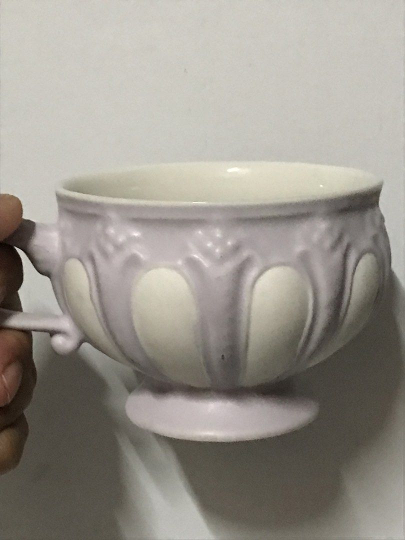 Roman-Style Lavender Jasperware Big Mug (Category: Coffee & Tea Tableware) located in Manila. Submitted by iyasellsph (Listing ID 1459089460, Image 1). Description: Roman-Style Lavender Jasperware Big Mug Reducedfrom 500 👈for photos Made of white jasperware with delicate lavender-color fleur de lys columns embossed around the mug Roman grail-shape spacious body 3.75 inches across rim 3.5 inches tall For coffee or tea, also for desserts Dainty an