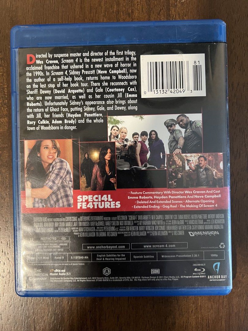 Scream 4 Bluray (Category: CDs & DVDs) located in Quezon City. Submitted by francesco25 (Listing ID 1459110322, Image 2). Description: - Scream 4 Blu-ray - Directed by Wes Craven - Starring David Arquette, Neve Campbell, and Courteney Cox - Special features: Deleted scenes, commentary - Essential for Scream franchise fans.