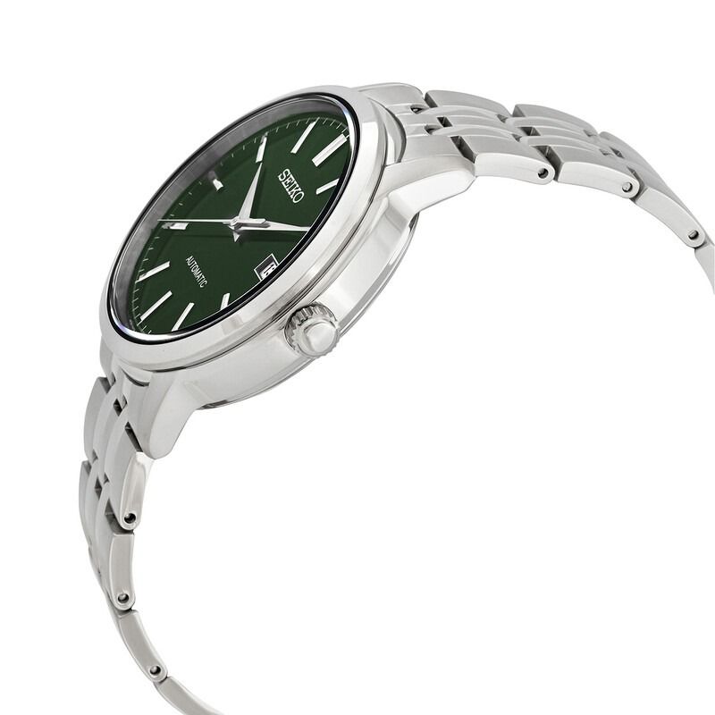 Seiko Automatic Green Dial Men's Watch SRPH89K1 (Category: Men's Watches) located in Davao. Submitted by veltrixwatches (Listing ID 1459158007, Image 2). Description: Silver tone stainless steel case and bracelet. Fixed silver tone stainless steel bezel. Green dial with silver tone hands and index hour markers. Minute markers around the outer rim. Dial Type: Analog. Date display at the 3 o'clock position. Seiko Caliber 4R35 Automatic movement, co