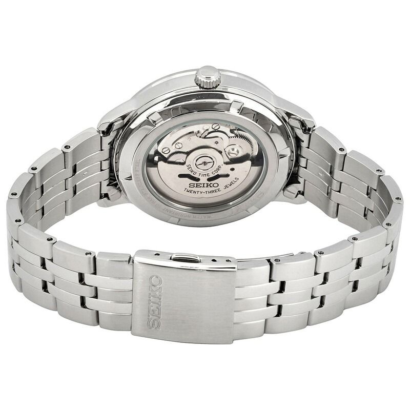 Seiko Automatic Green Dial Men's Watch SRPH89K1 (Category: Men's Watches) located in Davao. Submitted by veltrixwatches (Listing ID 1459158007, Image 3). Description: Silver tone stainless steel case and bracelet. Fixed silver tone stainless steel bezel. Green dial with silver tone hands and index hour markers. Minute markers around the outer rim. Dial Type: Analog. Date display at the 3 o'clock position. Seiko Caliber 4R35 Automatic movement, co