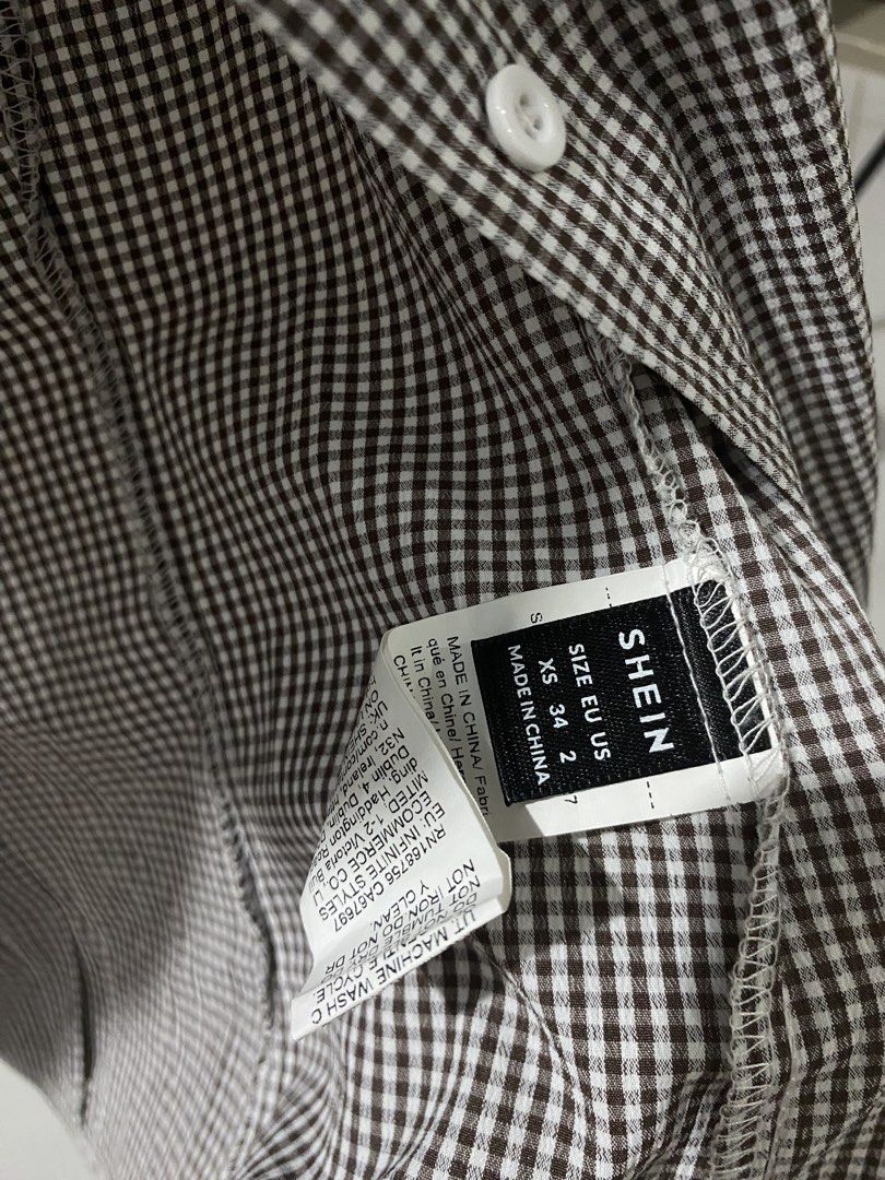 SHEIN Brown Gingham Checkered Short Sleeve Shirt (Category: Blouses) located in Naga. Submitted by ilyniki (Listing ID 1459251277, Image 2). Description: .