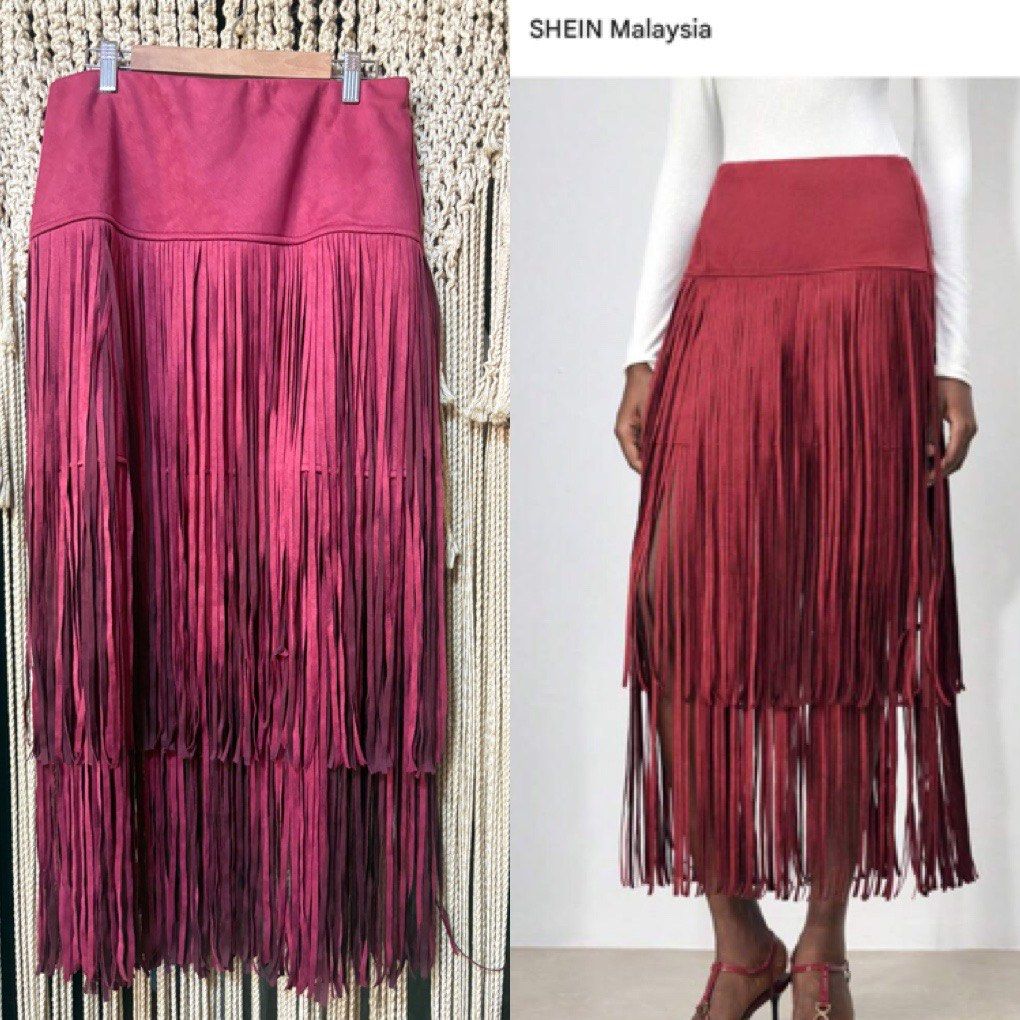 shein suede fringe skirt (Category: Skirts) located in Cavite. Submitted by bambimay30 (Listing ID 1459095180, Image 1). Description: stretchable 30-34 waist suede fabric .