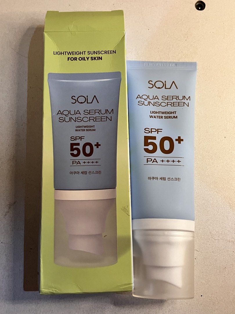 SOLA Aqua Serum Sunscreen SPF 50+ PA ++++ (Category: Face Care) located in Binan City. Submitted by rylev (Listing ID 1459282944, Image 2). Description: Sola aqua serum sunscreen ₱250 tested once exp:04/2029 RFS: hindi hiyang 📍 Biñan City, Laguna.