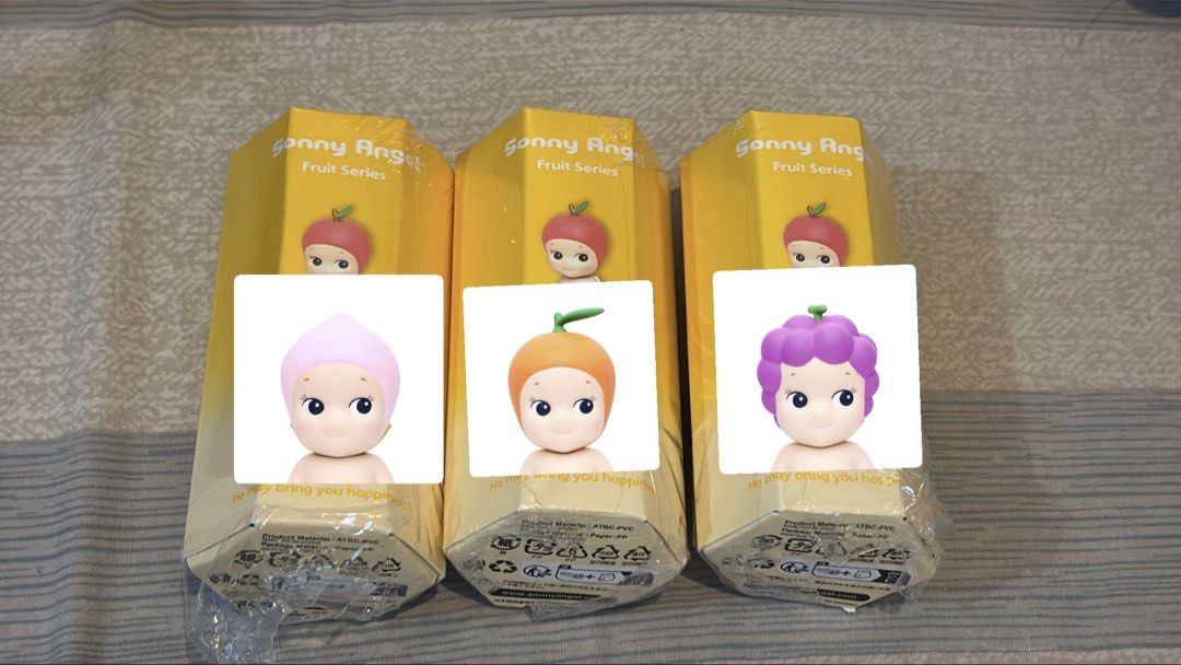 Sonny Angel Fruit Set (Peach, Orange & Grapes) (Category: Designer & Blind Box Toys) located in Makati City. Submitted by preloved.with.k (Listing ID 1459202503, Image 1). Description: WTS 🍑🍇🍊 FRUIT SET - 1500 (sold as set only) All sealed Foil (fresh pull): Peach, Grapes &, Orange JNT/LALAMOVE (shoulder by buyer) 📍Makati/BGC.