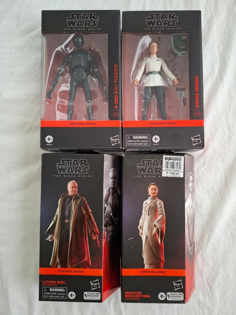 Star Wars The Black Series (Category: Figurines & Statues) located in Manila. Submitted by forgo555 (Listing ID 1459096711, Image 1). Description: The Black Series Andor figures K-2SO MISB - 2000 Dedra Meero MISB - 1600 Mon Mothma BIB - 1000 Luthen Rael BIB - 1000 rfs: decluttering taytay, rizal.