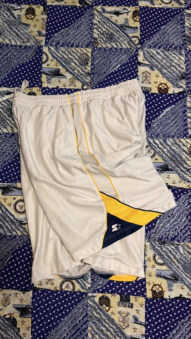 Starter White Athletic Shorts Size L (36-38) (Category: Shorts) located in Cabuyao City. Submitted by bulandos (Listing ID 1459249589, Image 1). Description: - Brand: Starter - Size: L (fits waist 36-38 inches) - Color: White with yellow and navy blue side accents - Material: Polyester - Features: Elastic waistband with drawstring - Ideal for: Sports and casual wear - Origin: Made in Vietnam.