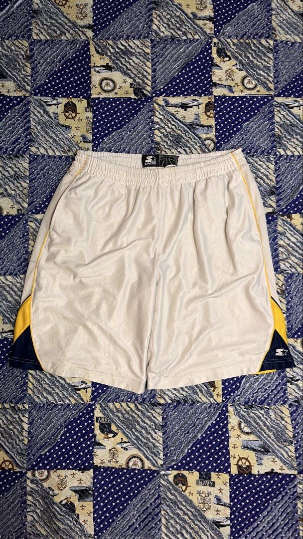 Starter White Athletic Shorts Size L (36-38) (Category: Shorts) located in Cabuyao City. Submitted by bulandos (Listing ID 1459249589, Image 2). Description: - Brand: Starter - Size: L (fits waist 36-38 inches) - Color: White with yellow and navy blue side accents - Material: Polyester - Features: Elastic waistband with drawstring - Ideal for: Sports and casual wear - Origin: Made in Vietnam.