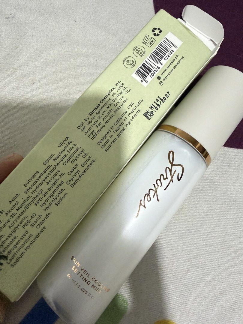 Strokes Beauty Lab Skin Veil Cooling Setting Mist (Category: Makeup) located in Valenzuela. Submitted by cheaper_finds (Listing ID 1459207693, Image 2). Description: - Strokes Beauty Lab Skin Veil Cooling Setting Mist - Revitalizing makeup setting spray - Size: 60 ml / 2.029 fl oz - Origin: Made in Taiwan, Designed in California, USA - Distributed by: Strokes Cosmetics, Inc. Philippines - Expiry Date: 09/2027.