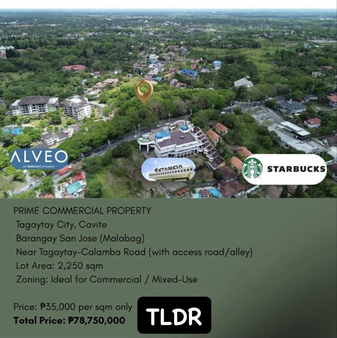 Tagaytay Prime Commercial Lot (Category: Lot) located in Manila. Submitted by trishadelosreyes (Listing ID 1459288747, Image 2). Description: PRIME COMMERCIAL PROPERTY Tagaytay City, Cavite Barangay San Jose (Malabag) Near Tagaytay-Calamba Road (with access road/alley) Lot Area: 2,250 sqm Zoning: Ideal for Commercial / Mixed-Use Price: P35,000 per sqm only Total Price: P78,750,000.