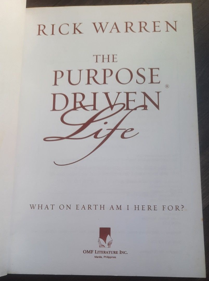 The Purpose Driven Life by Rick Warren (Category: Storybooks) located in Manila. Submitted by decluterring_lang_po_0111 (Listing ID 1459148188, Image 2). Description: - 'The Purpose Driven Life' by Rick Warren - Explores the question: What on Earth am I here for? - Over 20 million copies sold worldwide - #1 New York Times Bestseller - Winner of the Gold Medallion Book Award - Local edition published by OMF Literature Inc., Manila, Philippines.