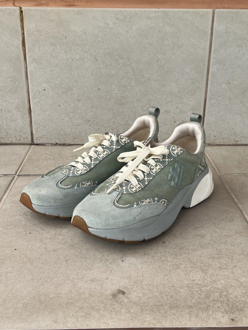 Tory Burch T Monogram Green Trainer - Womens Size 10 (Category: Sneakers) located in Manila. Submitted by pacoz (Listing ID 1459224461, Image 1). Description: - Sage green Tory Burch sneakers - Features signature monogram pattern - Lace-up style with a chunky sole - Durable gum rubber outsole - Ideal for casual outfits - Women’s Size 10 Only worn once. RFS: Decluttering Gifted from the US. SRP: ₱17k.