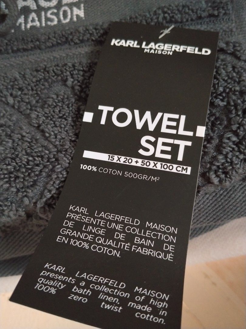 Towel Set (Category: Bath) located in General Mariano Alvarez. Submitted by iamnotjen (Listing ID 1459286007, Image 2). Description: Karl Lagerfield towel set brand new from Dubai Dark Gray Color plus sf.