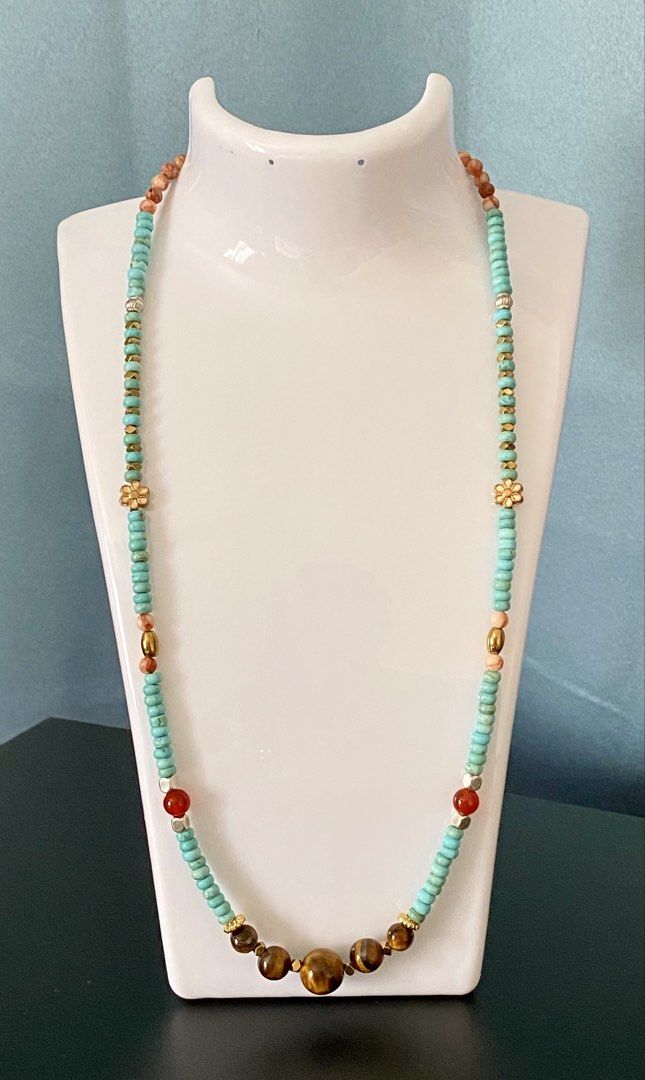 Turquoise Necklace Aztec Design (Category: Necklaces) located in Pasig City. Submitted by talaversify (Listing ID 1459167950, Image 1). Description: Semi-precious stone: Turquoise with Tiger Eye, Carnelian, Hematite and Network Jasper Stone size: 4mm abacus Necklace length: 20” 💠 Natural stone 💠.