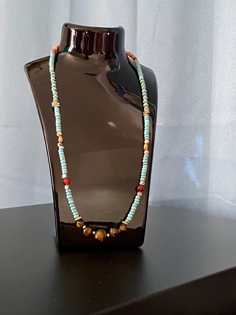 Turquoise Necklace Aztec Design (Category: Necklaces) located in Pasig City. Submitted by talaversify (Listing ID 1459167950, Image 2). Description: Semi-precious stone: Turquoise with Tiger Eye, Carnelian, Hematite and Network Jasper Stone size: 4mm abacus Necklace length: 20” 💠 Natural stone 💠.