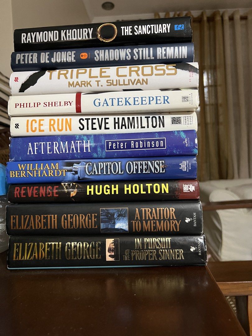 various hardcover books (Category: Storybooks) located in Dasmarinas. Submitted by pinex (Listing ID 1459222336, Image 1). Description: - in great condition - get 5 for 750php - author list: 1. Peter Bacho 2. David Baldacci 3. William Bernhardt 4. Bill Clinton 5. Robin Cook 6. Michael Crichton 7. Richard Paul Evans 8. Elizabeth George 9. Sue Grafton 10. John Grisham 11. Steve Hamilton 12. Jack Higgins 13. Hugh Holton 14. Peter de Jonge 15. Raymon
