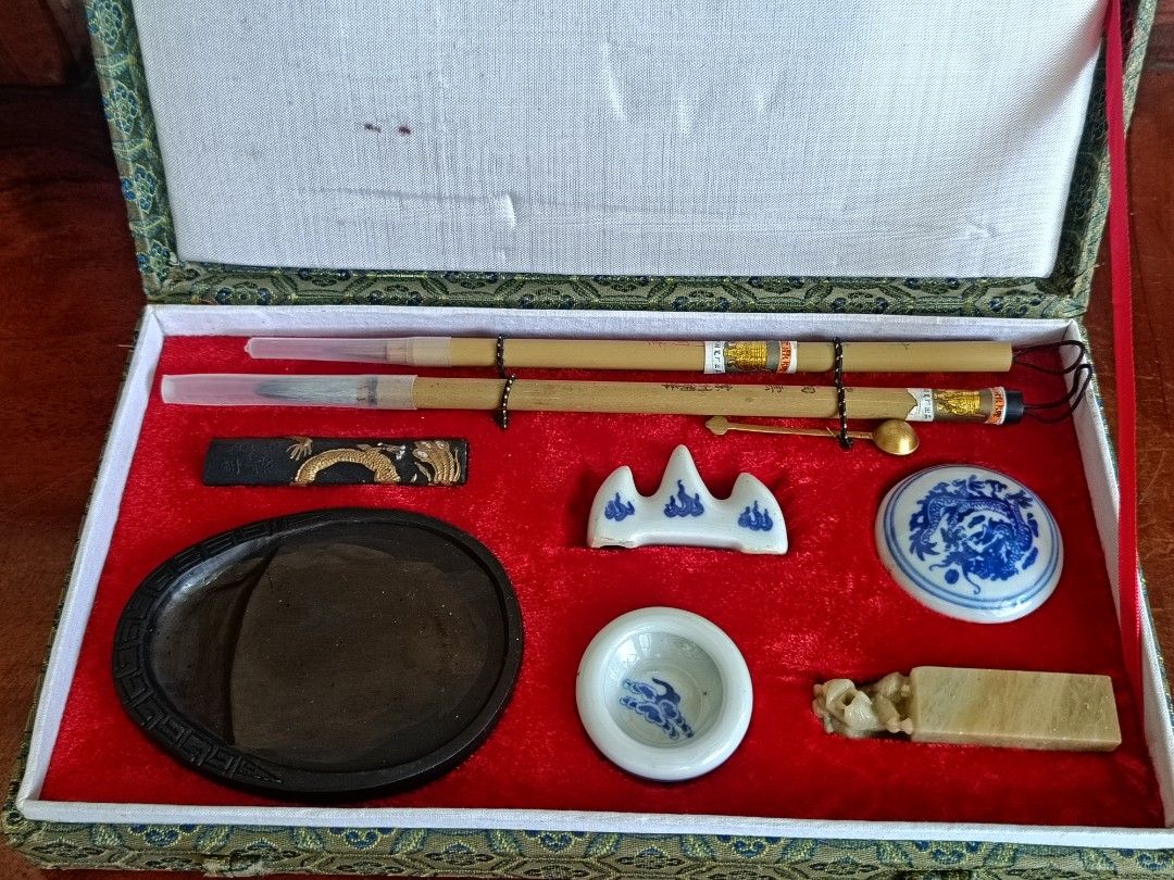 Vintage Chinese Calligraphy Set (Category: Vintage Collectibles) located in Imus. Submitted by ABrielleC (Listing ID 1459152902, Image 2). Description: Calligraphy Brushes Ink Stone & Ink stick Porcelain Accessories Foodog Soapstone Weight-0.6k Japan Surplus Item First to pay Loc Imus Cavite.