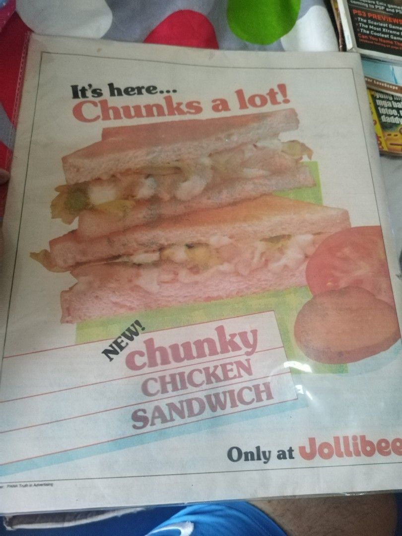 Vintage Jollibee Ads (Category: Vintage Collectibles) located in Manila. Submitted by pickerjessie (Listing ID 1459143721, Image 2). Description: - Authentic vintage Jollibee advertisements from the 1980s. - Features iconic ads for The Champ burger, Chunky Chicken Sandwich, Gary's Hits, and Kiddie Party. - Ideal for collectors of Filipino memorabilia or passionate Jollibee fans. - A unique and nostalgic piece of Filipino fast food history..