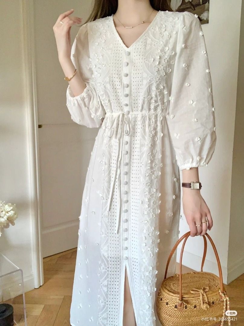 White Button Front Lace Maxi Dress with 3D Flowers (Category: Dresses) located in Quezon City. Submitted by spacematcha (Listing ID 1459249696, Image 1). Description: Maje Roxitane Cotton Embroidered Midi Dress - Intricate all-over 3D Flowers - V-neckline with button-down front - Comfortable elasticated waist - Balloon sleves - Pure cotton - Washable stain due to storage Fits M-L Length: 48" Width: 19" Gcash payment Shipping via Grab/Lalamove or 