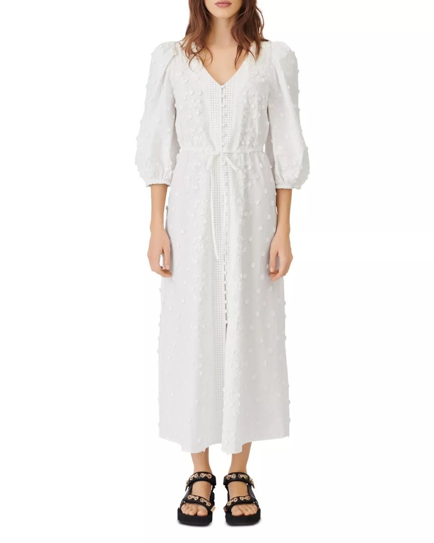 White Button Front Lace Maxi Dress with 3D Flowers (Category: Dresses) located in Quezon City. Submitted by spacematcha (Listing ID 1459249696, Image 3). Description: Maje Roxitane Cotton Embroidered Midi Dress - Intricate all-over 3D Flowers - V-neckline with button-down front - Comfortable elasticated waist - Balloon sleves - Pure cotton - Washable stain due to storage Fits M-L Length: 48" Width: 19" Gcash payment Shipping via Grab/Lalamove or 