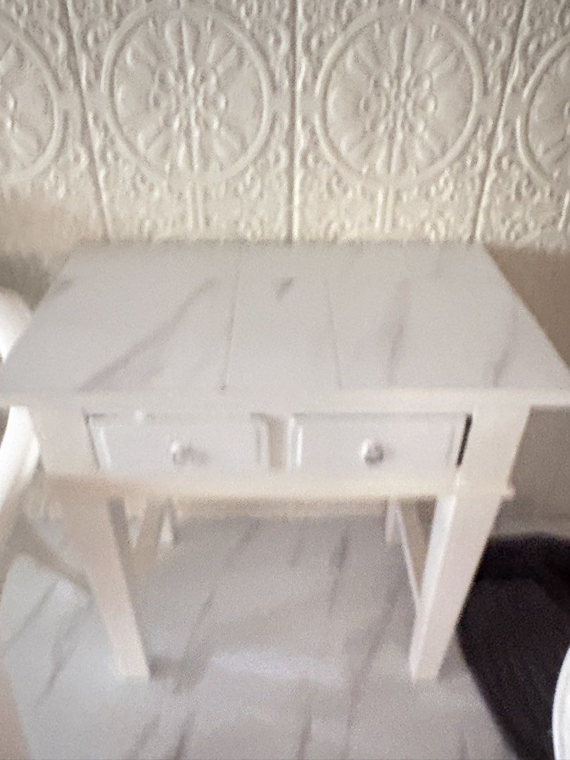 White Dressing Table with Marble Top and Drawers (Category: Other Home Furniture) located in Muntinlupa City. Submitted by goldlevel (Listing ID 1459287674, Image 1). Description: - Chic white dressing table - Luxurious marble-effect top - Two convenient drawers with ring handles for storage - Sturdy and reliable legs - Ideal for bedrooms or vanity areas - Compact dimensions: Approx. 30" W x 15" D x 30" H.