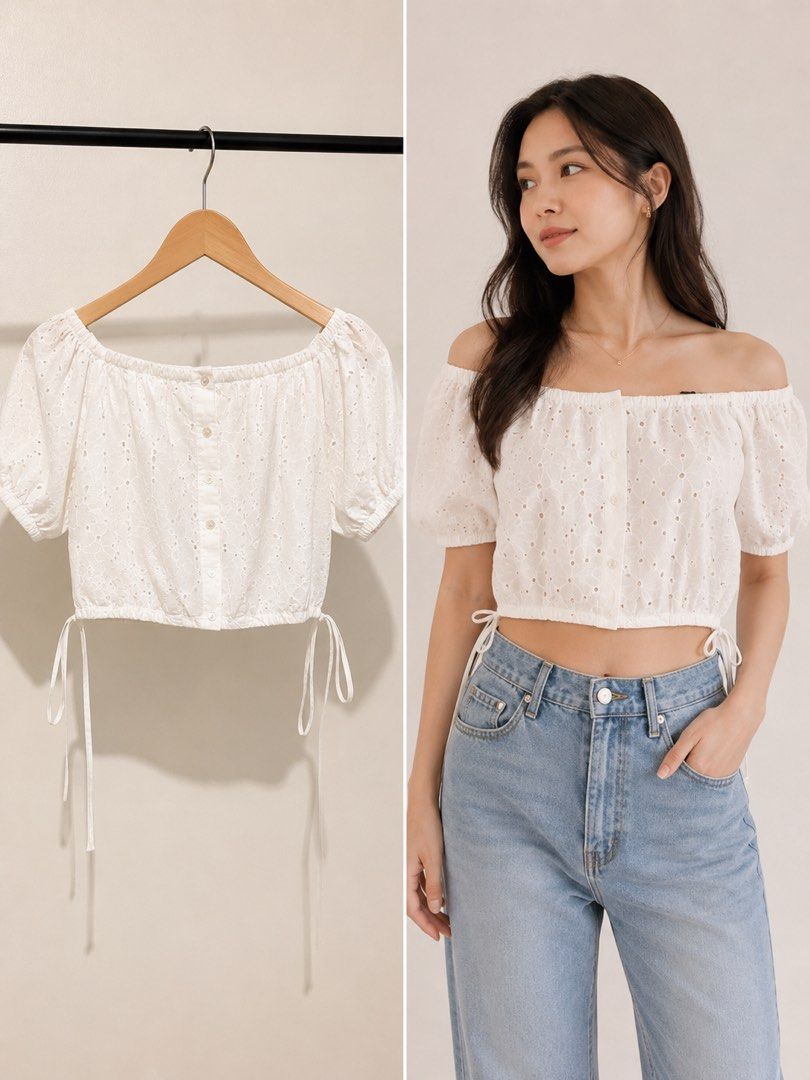 White Off Shoulder Cropped Laced Top (Category: Blouses) located in Quezon City. Submitted by lynylynn (Listing ID 1459266032, Image 1). Description: .