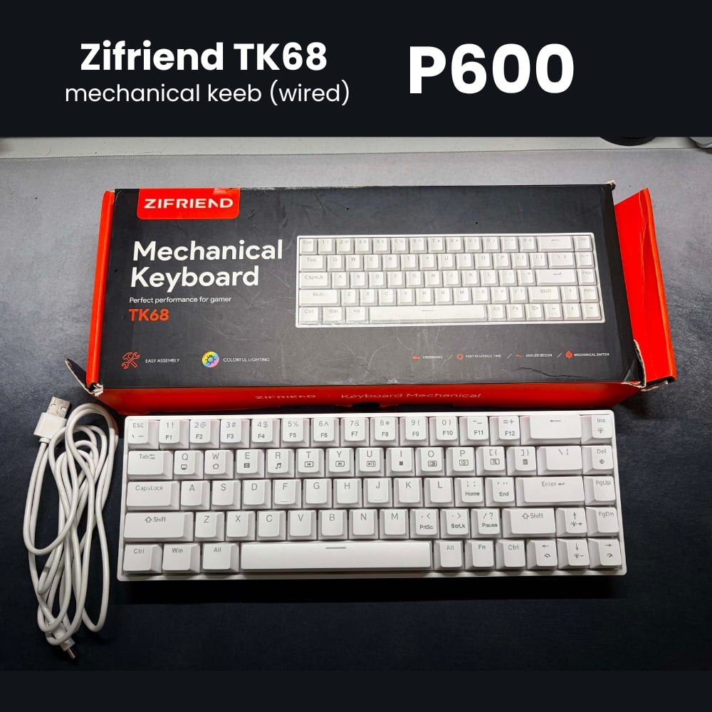 Zifriend TK68 Mechanical Keyboard (Wired) (Category: Computer Keyboard) located in Taguig. Submitted by hanapiee (Listing ID 1459236155, Image 1). Description: - Zifriend TK68 Wired Mechanical Keyboard - Color: White - Layout: Compact 60% - Ideal for Gaming and Typing - Includes Original Box and USB Cable - Features: Easy Assembly, Colorful Lighting.