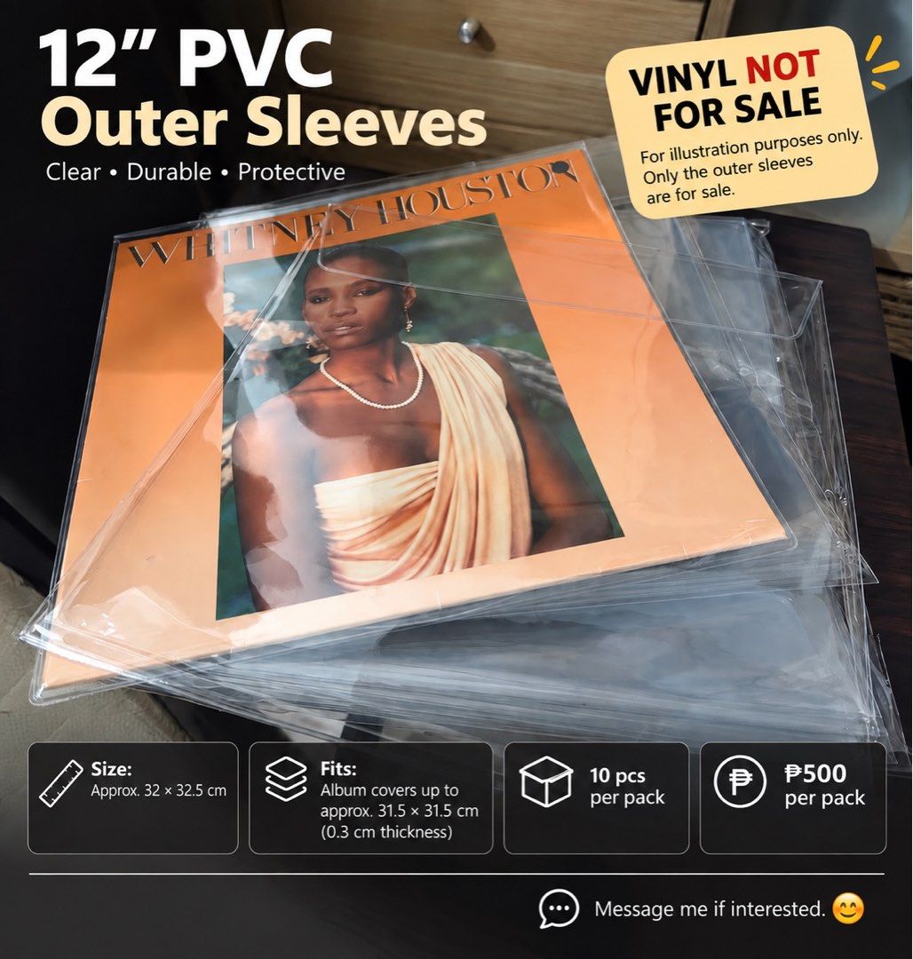 12" PVC Outer Sleeves for Vinyl Records (Category: Vinyls) located in San Juan City. Submitted by coolpenguin_1209 (Listing ID 1463046614, Image 1). Description: 💿 FOR SALE: 12” PVC Outer Sleeves Pre-owned and in good condition, with minimal signs of use. Size: Approx. 32 × 32.5 cm Fits: Album covers up to approx. 31.5 × 31.5 cm, 0.3 cm thickness 📦 10 pcs per pack 💰 ₱500 per pack.