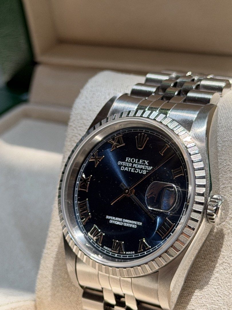 1996 Datejust 36mm Blue Roman Dial (Category: Men's Watches) located in Quezon City. Submitted by jzcars13 (Listing ID 1462921112, Image 3). Description: 1996 Rolex Datejust 36mm Blue Roman Dial Jubilee Stewl Fluted Bezel Ref. 16220 Mint Condition! No Card w/ Replacement Box w/ Authentication Receipt from Panotes P348,000 Negotiable! Call or Text 09157880711 / 09178243819 Meetups within Metro Manila.