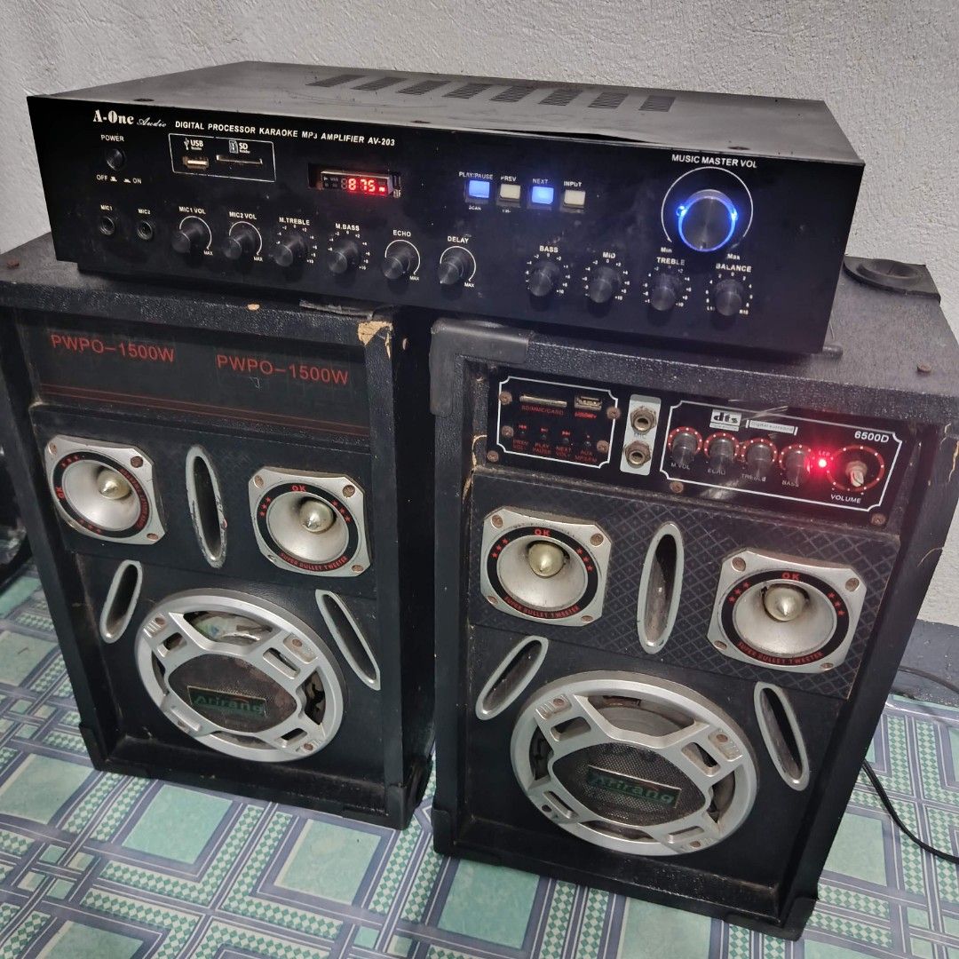 1 set Sound System (1 amplifier, 2 speakers) (Category: Soundbars, Speakers & Amplifiers) located in Quezon City. Submitted by romex_digital (Listing ID 1463015210, Image 1). Description: note: as is, where is basis text for more details 09392675413 - A-One AV-203 Digital Processor Karaoke Amplifier - USB and SD card support - Includes two PWPO-1500W speakers - Includes one 6500D speaker - Ideal for home karaoke sessions - All controls and inputs