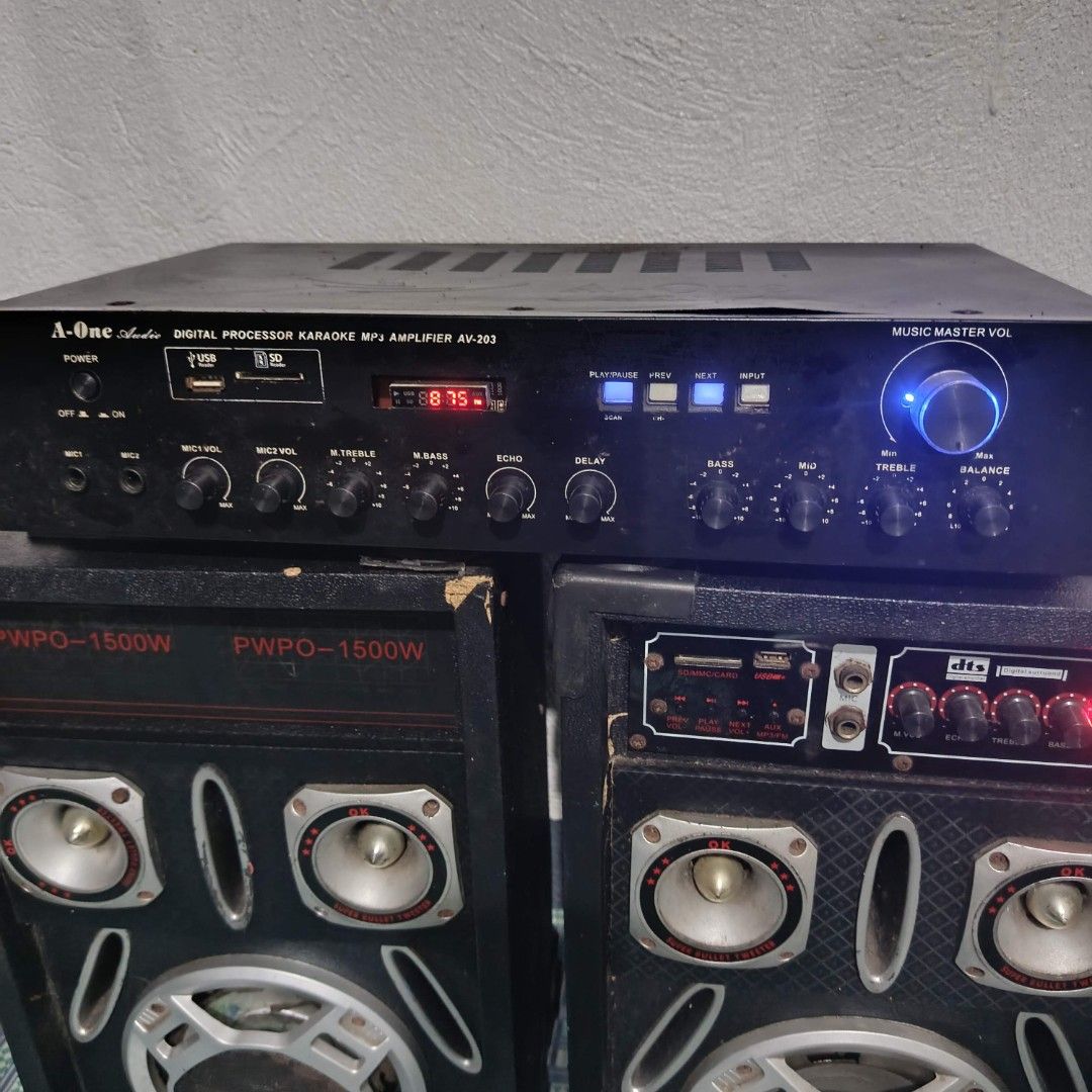 1 set Sound System (1 amplifier, 2 speakers) (Category: Soundbars, Speakers & Amplifiers) located in Quezon City. Submitted by romex_digital (Listing ID 1463015210, Image 3). Description: note: as is, where is basis text for more details 09392675413 - A-One AV-203 Digital Processor Karaoke Amplifier - USB and SD card support - Includes two PWPO-1500W speakers - Includes one 6500D speaker - Ideal for home karaoke sessions - All controls and inputs