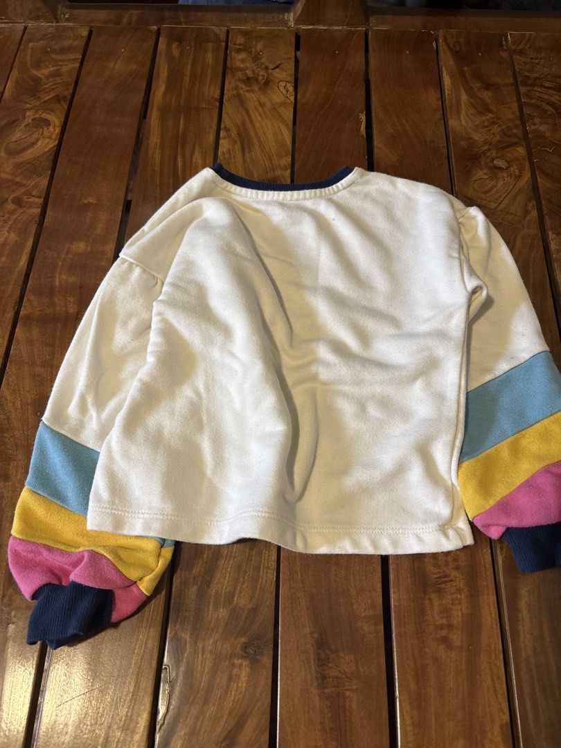 365 Kids Hello Kitty Sequin Bow Sweatshirt Rainbow Sleeve (Category: Babies & Kids Fashion) located in Manila. Submitted by wardrobeinmnl (Listing ID 1462943320, Image 3). Description: SIZE: 5 -White long-sleeve sweatshirt - Large Kitty graphic - Kitty bow with reversible red/silver sequins - Colorful rainbow stripes on sleeves - Ribbed navy blue neckline and cuffs - Made from a comfortable cotton blend - Ideal for Kitty fans.