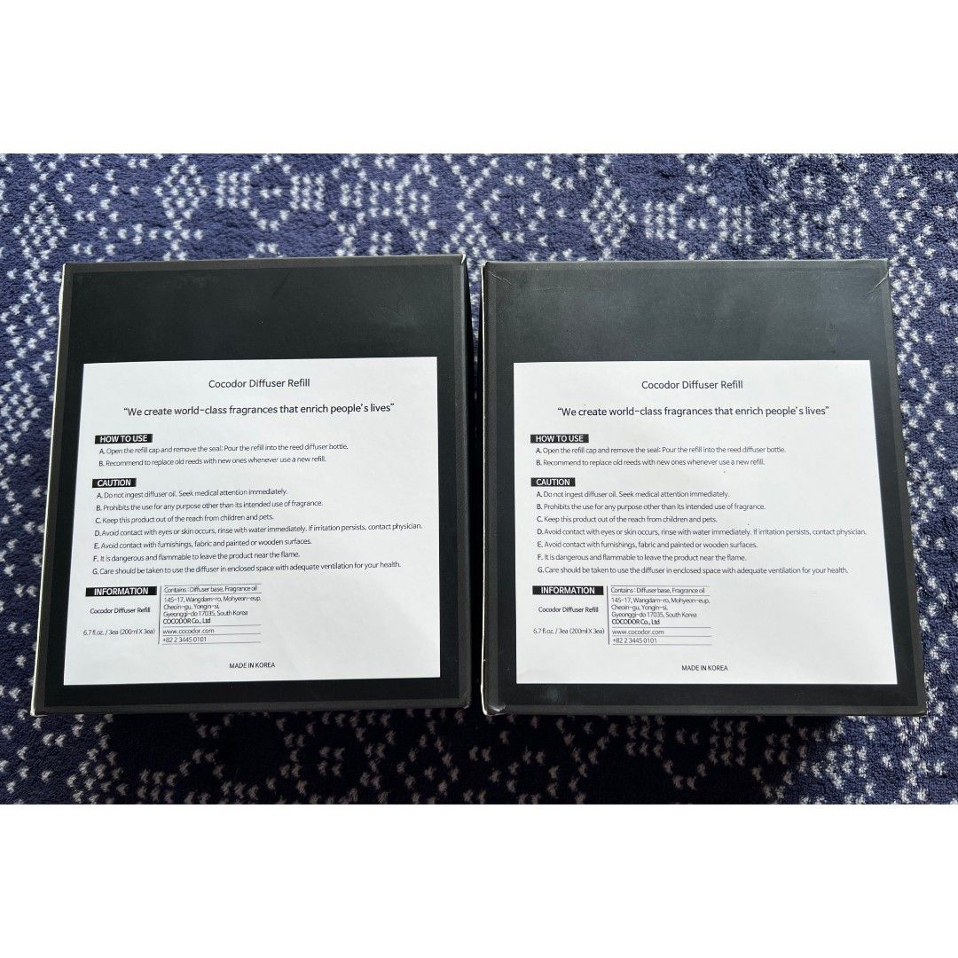 3 PCs Cocodor Reed Diffuser Oil Refill 200ml x 3 (600ml) (Category: Home Fragrance) located in Quezon City. Submitted by rosepam (Listing ID 1462918791, Image 3). Description: Cocodor Reed Diffuser Oil Refill 200ml x 3 Scent: 400/BOX .. FIX PRICE Woody Hotel Black Cherry NEW, Sealed *Medyo dusty box Authentic/original (from Official Store) Rfs: too many (excess sa pang gift) **there might be some white residue at the top and bottom of the bottle,