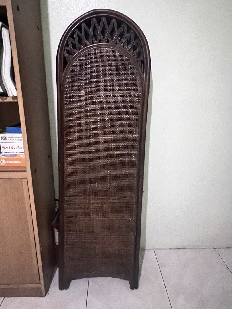 3-Panel Woven Rattan Room Divider Screen (Category: Other Home Furniture) located in Quezon City. Submitted by fatcatgang (Listing ID 1462898492, Image 2). Description: Really nice, dark brown 3-panel divider. Woven rattan with decorative lattice top and curved arches. Folds flat, height is 4.2ft tall. .
