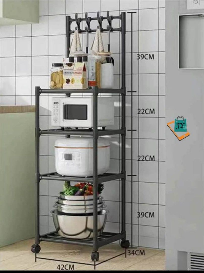 4-Tier Kitchen Storage Rack with Wheels and Hooks (Category: Shelves, Cabinets & Racks) located in Manila. Submitted by chaionlineshop (Listing ID 1463038140, Image 1). Description: - Convenient 4-tier kitchen storage rack - Perfect for organizing microwaves, rice cookers, and bowls - Includes hooks for hanging utensils or towels - Features wheels for easy 360-degree movement - Sturdy metal construction.