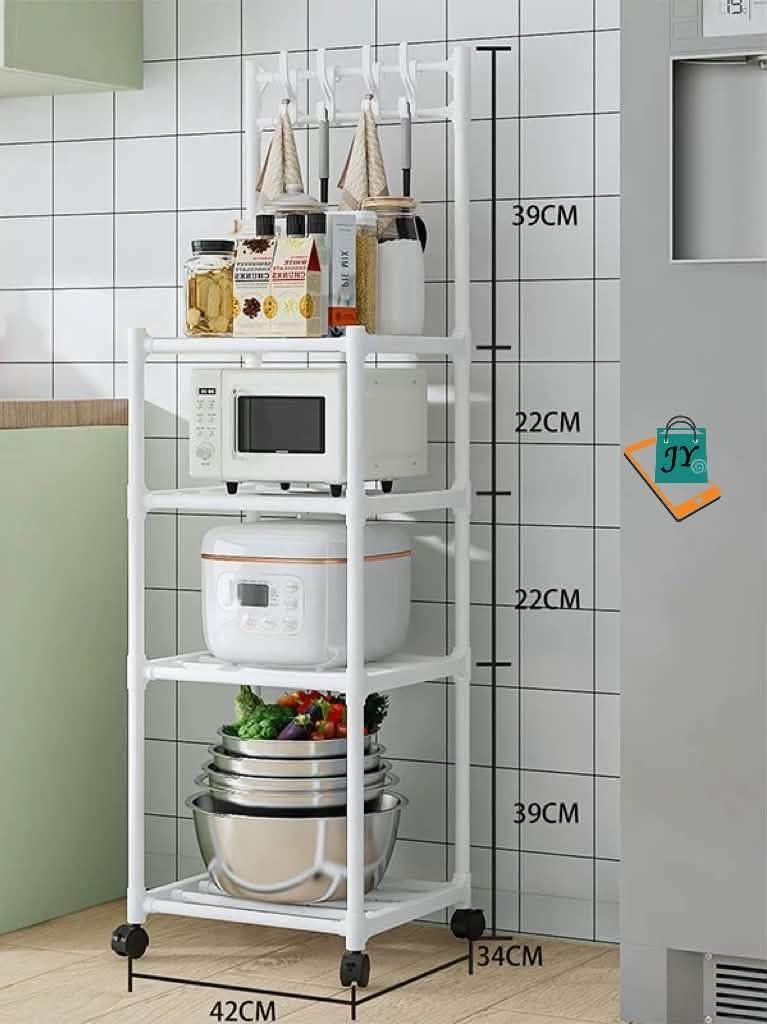 4-Tier Kitchen Storage Rack with Wheels and Hooks (Category: Shelves, Cabinets & Racks) located in Manila. Submitted by chaionlineshop (Listing ID 1463038140, Image 2). Description: - Convenient 4-tier kitchen storage rack - Perfect for organizing microwaves, rice cookers, and bowls - Includes hooks for hanging utensils or towels - Features wheels for easy 360-degree movement - Sturdy metal construction.