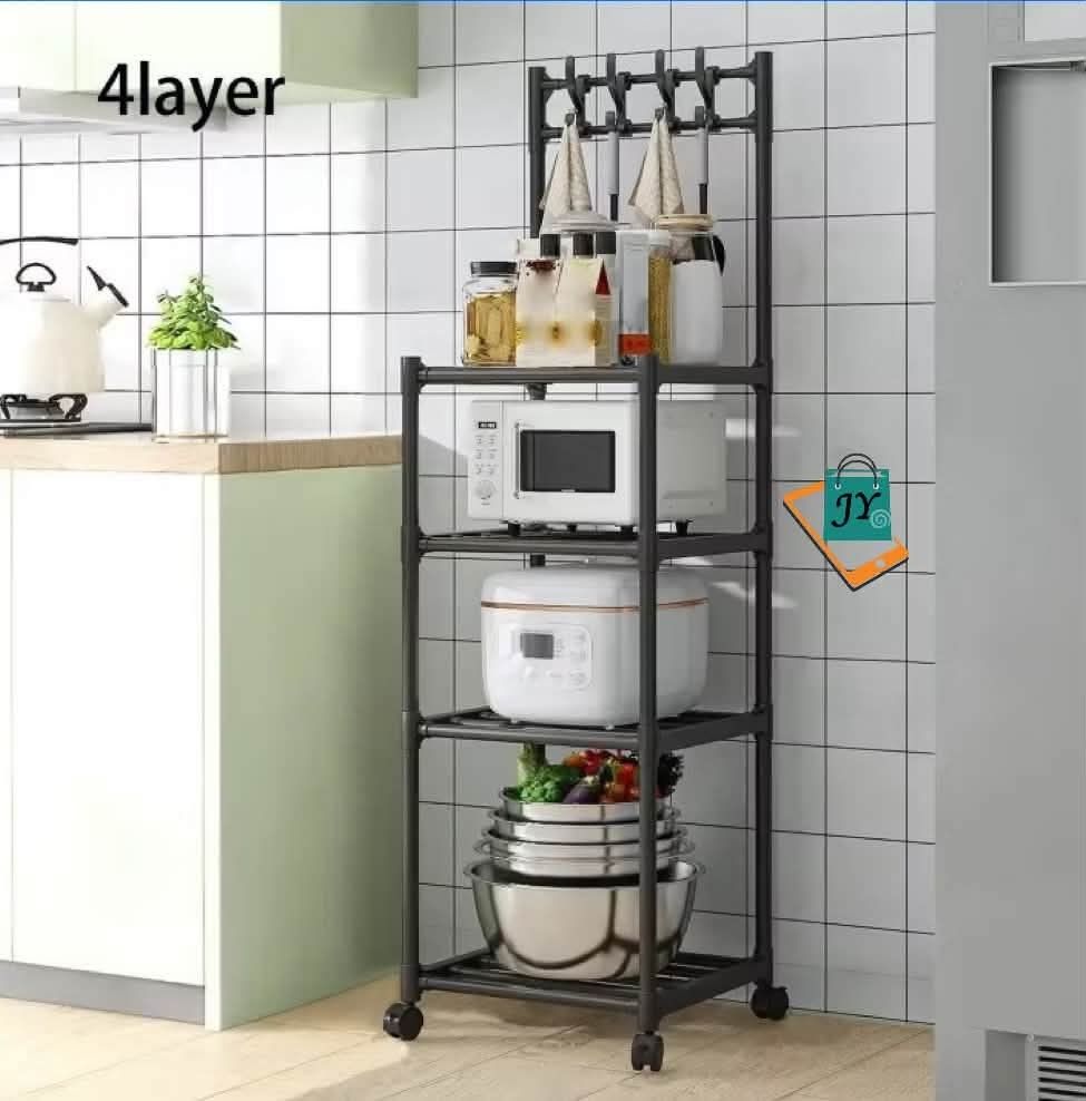 4-Tier Kitchen Storage Rack with Wheels and Hooks (Category: Shelves, Cabinets & Racks) located in Manila. Submitted by chaionlineshop (Listing ID 1463038140, Image 3). Description: - Convenient 4-tier kitchen storage rack - Perfect for organizing microwaves, rice cookers, and bowls - Includes hooks for hanging utensils or towels - Features wheels for easy 360-degree movement - Sturdy metal construction.