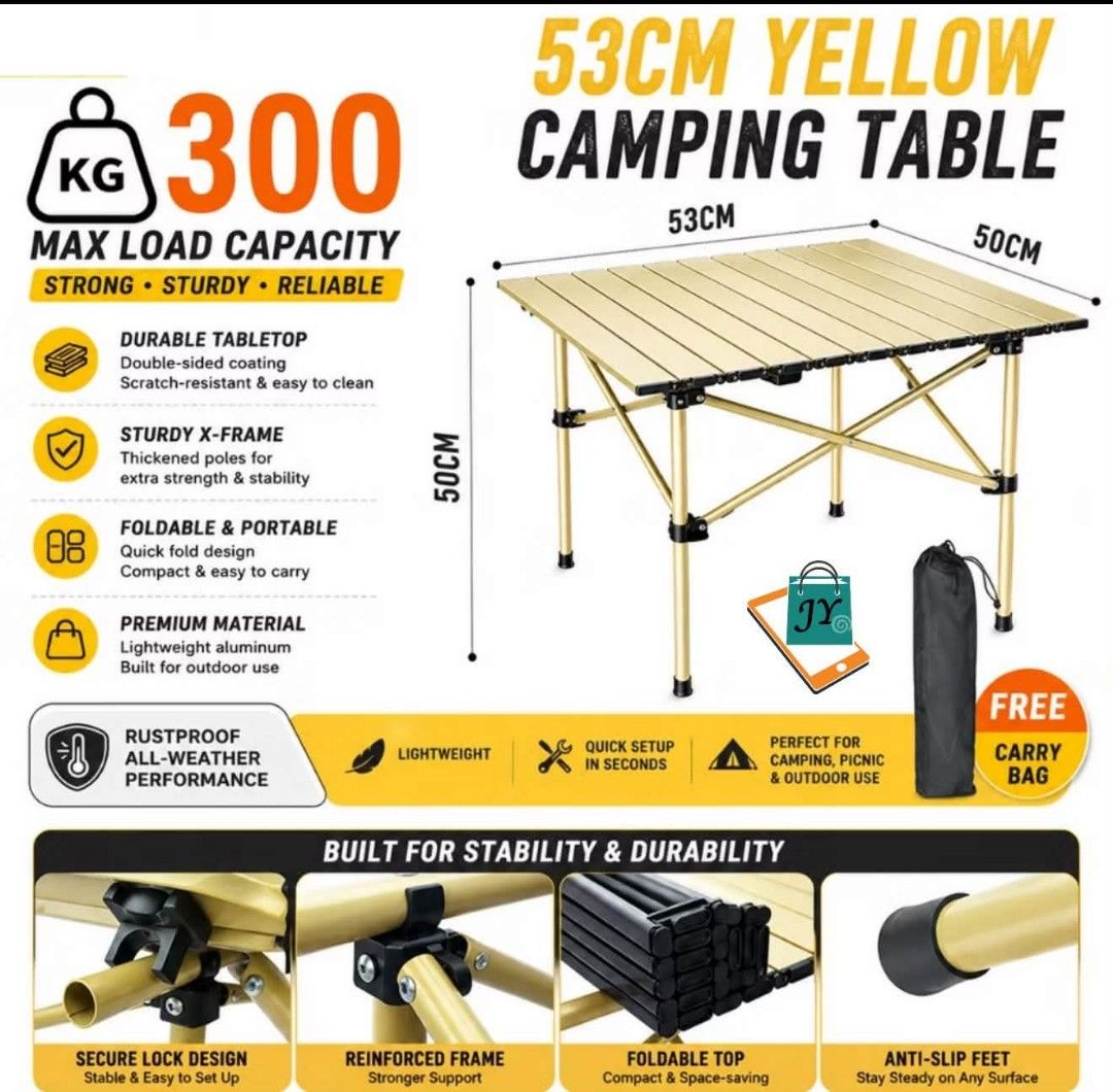 53cm Yellow Camping Table - Lightweight & Foldable (Category: Hiking & Camping) located in Manila. Submitted by chaionlineshop (Listing ID 1463039176, Image 2). Description: - Lightweight yellow aluminum camping table - Dimensions: 53cm (L) x 50cm (W) x 50cm (H) - Max Load Capacity: 300kg - Durable and rustproof construction - Folds quickly for easy portability - Includes a free carry bag - Ideal for camping, picnics, and outdoor adventures - Sta