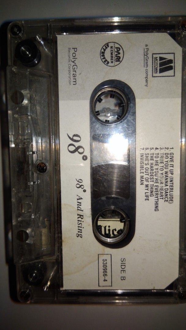 98 Degrees And Rising Cassette Tape (Category: CDs & DVDs) located in Makati City. Submitted by julz2026 (Listing ID 1463005529, Image 1). Description: -Price is fixed -No inlay but transparent casing is included -Very good condition.