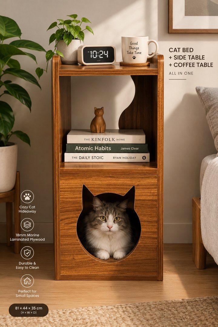 🐱 CAT BED + SIDE TABLE + COFFEE TABLE — ALL IN ONE! (Category: Homes & Other Pet Accessories) located in Davao. Submitted by casadekuting (Listing ID 1463012706, Image 2). Description: 🐱 CAT BED + SIDE TABLE + COFFEE TABLE — ALL IN ONE! A stylish piece of furniture for both you and your fur babies. 🐾 📐 Size: 81 × 44 × 35 cm 🪵 Material: 18mm Marine Laminated Plywood ✨ Durable laminated finish 🐱 Spacious cat hideaway ☕ Doubles as a bedside / 