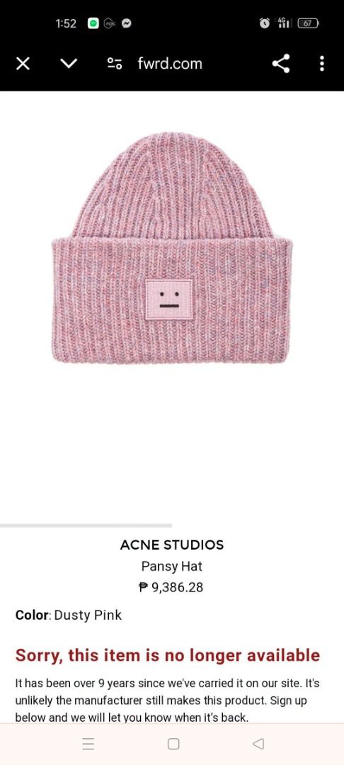 Acne Studios Pansy Hat Dusty Pink (Category: Hats & Beanies) located in Santo Tomas. Submitted by pickers_corner (Listing ID 1463018538, Image 1). Description: Acne Studios Pansy Hat Color: Dusty Pink size OS 56cm adult excellent no issue - Acne Studios Pansy Hat - Color: Dusty Pink - Style: Ribbed knit beanie - Features: Iconic face patch - Size: OS (56cm) - Material: Wool blend - Origin: Made in China - Benefit: Great for keeping warm.