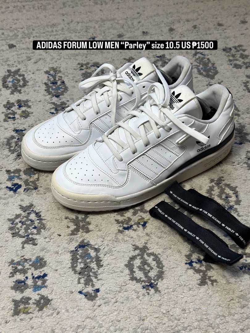 Adidas Forum Low Men "Parley" Size 10.5 (Category: Sneakers) located in Daet. Submitted by thrifthings2018 (Listing ID 1462969638, Image 1). Description: - Adidas Forum Low 'Parley' men's sneakers - Size: 10.5 US - Color: White with black accents - Features original 'Parley for the Oceans' straps - Laces are clean - Classic Adidas silhouette.