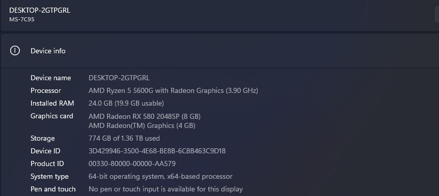 AMD Ryzen 5 5600G Desktop PC - 24GB RAM, RX 580 8GB (Category: Desktops) located in Singapore. Submitted by akbar.night (Listing ID 1462938813, Image 3). Description: - AMD Ryzen 5 5600G Processor with Radeon Graphics - 24GB RAM - AMD Radeon RX 580 8GB Graphics Card - 1.5TB Storage - Windows 11 Pro - Ideal for Gaming & General Use MBD Specification: MSI PRO B550M-P WIFI6E - Recently upgraded 2 months Form Factor: Micro-ATX Socket: AMD AM4CPU Supp